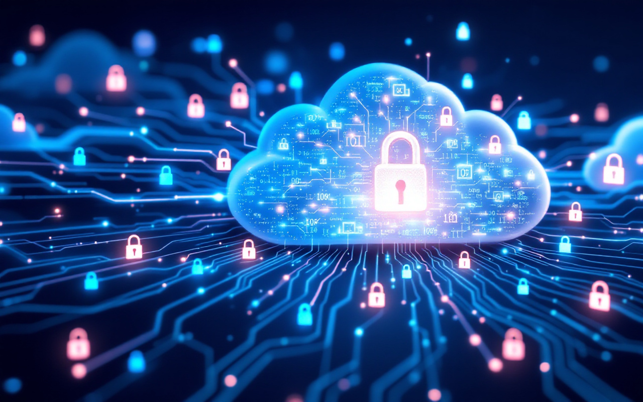 Concept de l'informatique en nuage illustrant la sécurité des données, avec un nuage numérique et des flux de données lumineux, entouré de symboles de sécurité, représentant la technologie moderne.