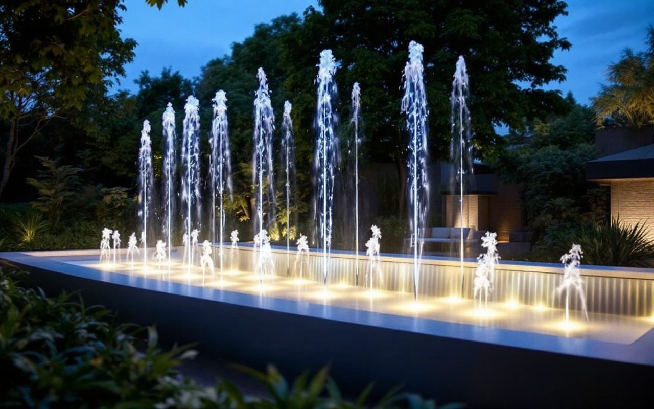 Image d'une fontaine d'eau au design épuré et aux fonctionnalités avancées, entourée de verdure luxuriante, éclairée par un éclairage paramétrique pour une atmosphère tranquille.
