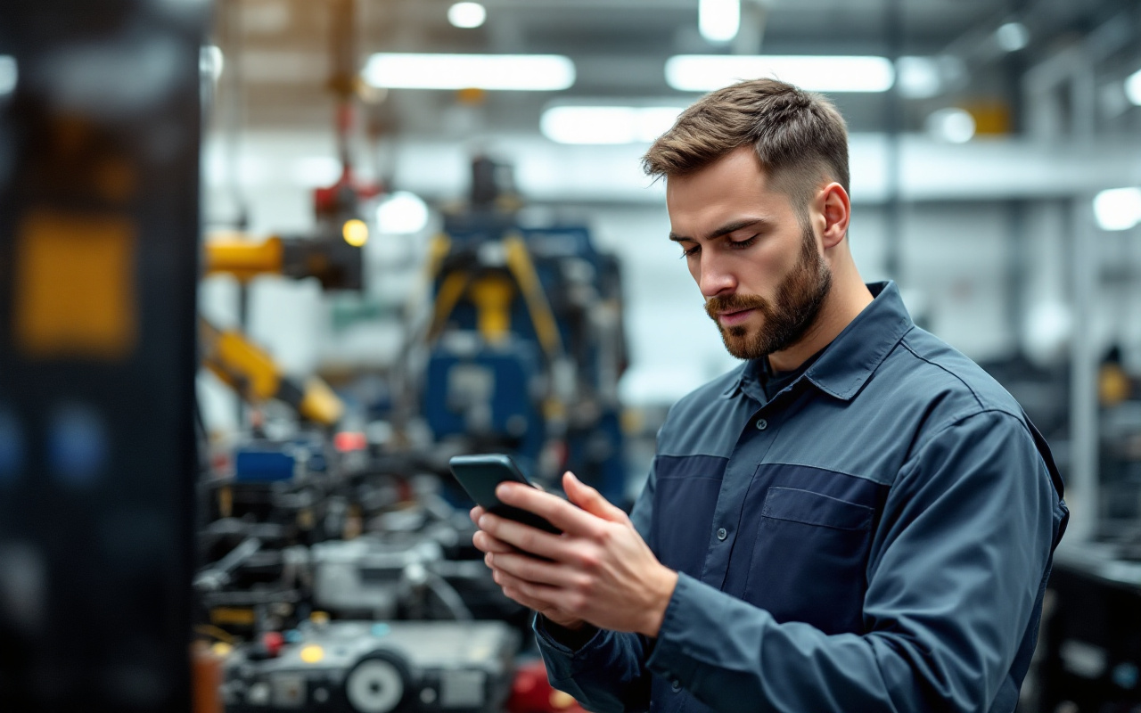 Un technicien concentré en train de recevoir des instructions par SMS dans un environnement de travail moderne rempli d'outils et de machines.