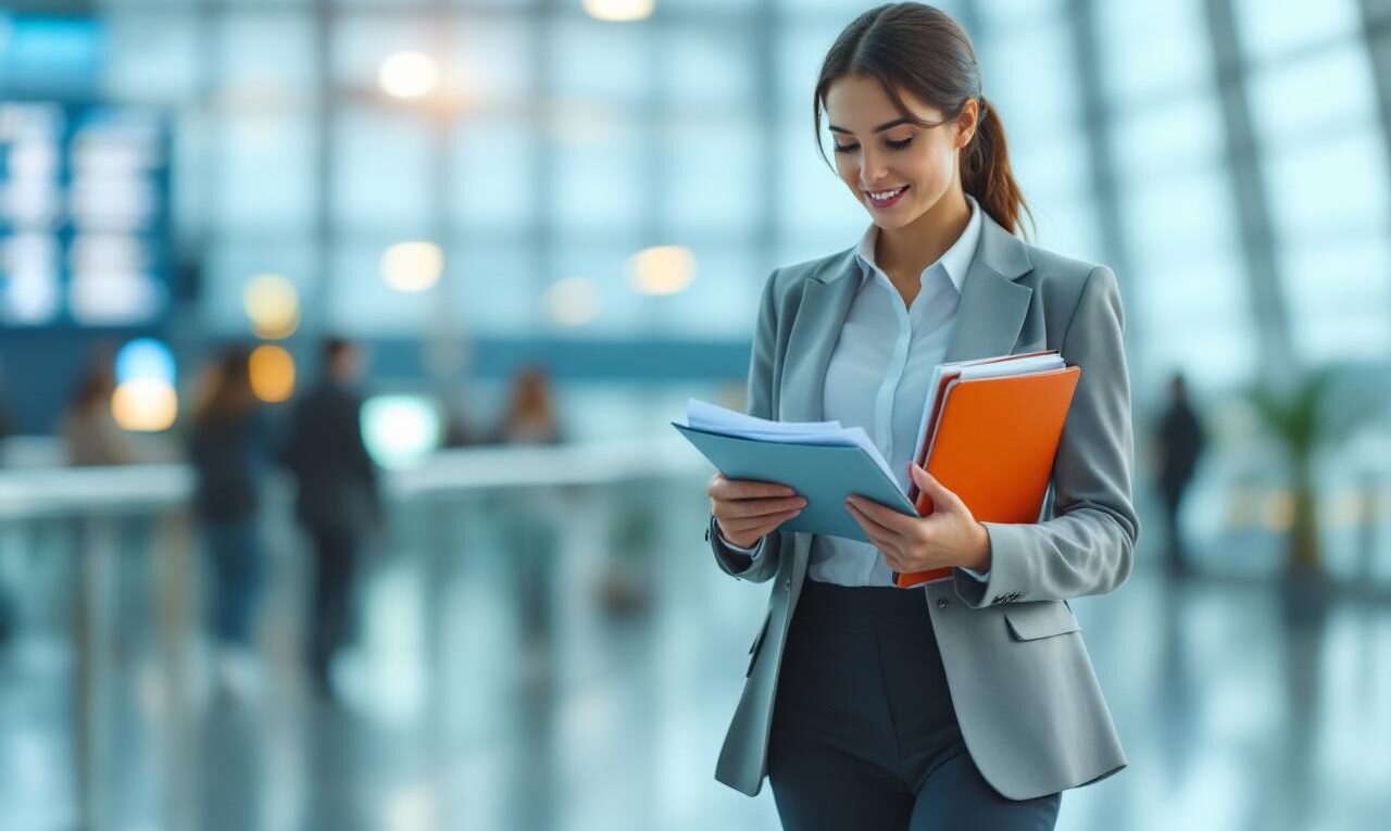 Une femme d’affaires en déplacement à l’aéroport consulte des documents d’assurance professionnelle tout en tenant ses affaires et en avançant vers son vol.