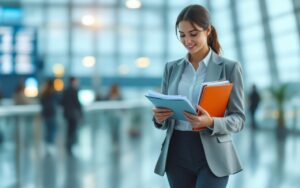 Une femme d’affaires en déplacement à l’aéroport consulte des documents d’assurance professionnelle tout en tenant ses affaires et en avançant vers son vol.