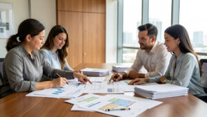 Une équipe en réunion dans un bureau moderne, analysant des dossiers et des plans d’actifs immobiliers autour d’une table de conférence.