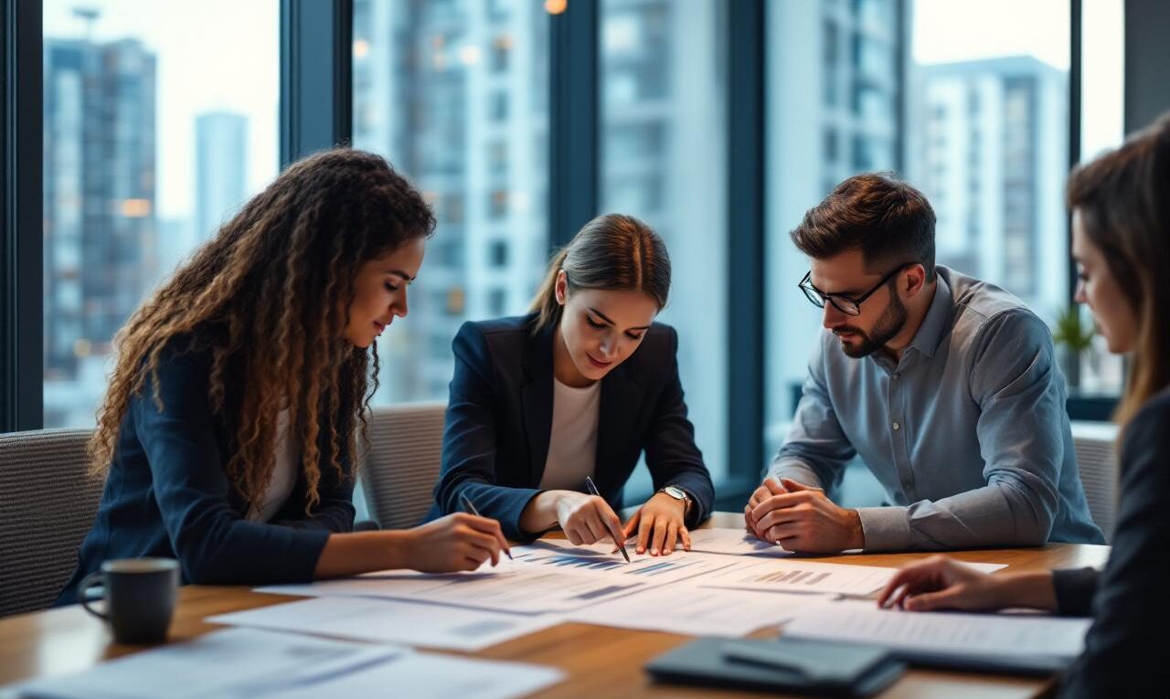 Réunion d’entreprise en salle de conférence, des collègues consultent des dossiers d’acquisition immobilière autour d’une table, avec des immeubles visibles au loin.