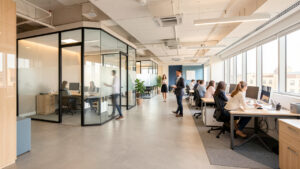 Bureau d’entreprise moderne et lumineux avec des espaces modulaires, des collaborateurs au travail et une circulation fluide.