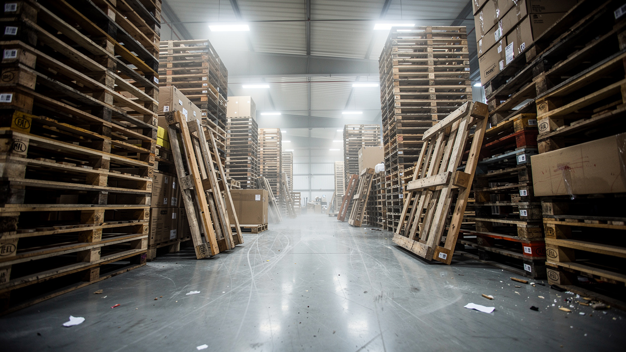 Entrepôt d’entreprise encombré, avec palettes empilées, cartons et zone de circulation étroite saturée.