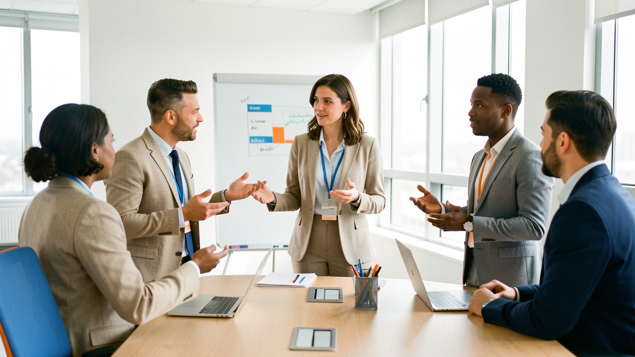 Une formatrice accompagne trois commerciaux lors d’un atelier de répétition pour harmoniser leur présentation marketing dans une salle de réunion moderne.