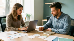Deux consultants élaborent une stratégie de communication professionnelle avec un ordinateur, des cartes vierges et un budget limité dans un bureau moderne.