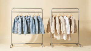 Collection de vêtements pour enfants inspirée du luxe californien, présentée sur des portants minimalistes dans un studio lumineux, avec des pièces en denim et des tons naturels.