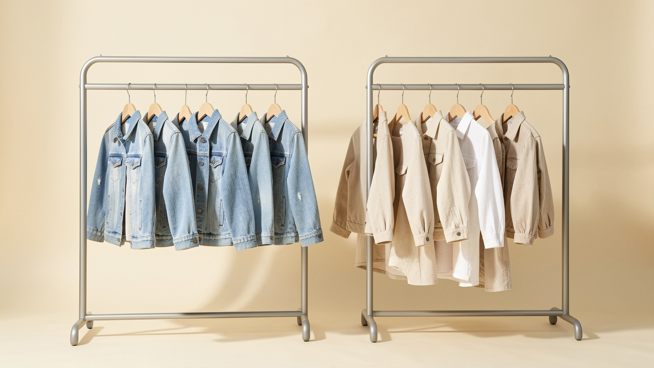 Collection de vêtements pour enfants inspirée du luxe californien, présentée sur des portants minimalistes dans un studio lumineux, avec des pièces en denim et des tons naturels.