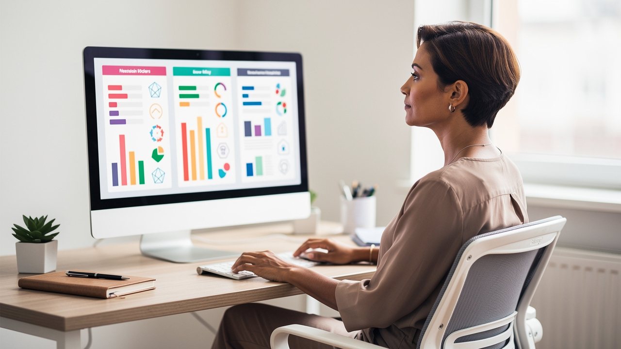Dirigeante de petite entreprise comparant plusieurs plateformes numériques sur un ordinateur dans un bureau professionnel lumineux.