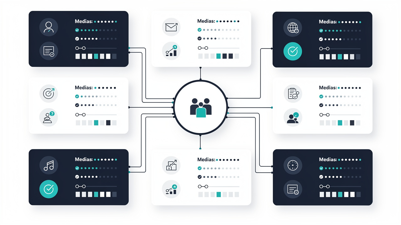 Illustration infographique sobre montrant un centre d’entreprise relié par des connexions visuelles à plusieurs médias thématiques dans une grille comparative.